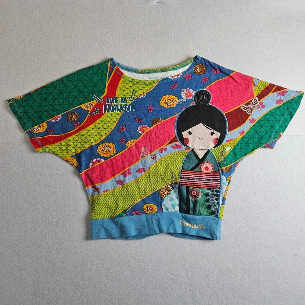 Desigual Kids Friends T-Shirt Kokeshi Doll Patchwork Multi Color Size 7/8 Spain
